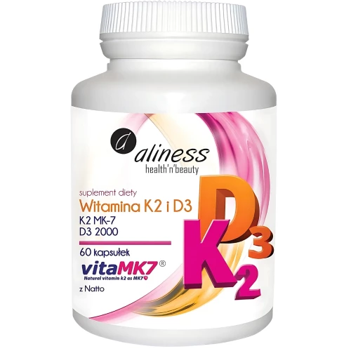 Aliness - Witamina K2 MK-7 100 µg z Natto + D3 - 60 kapsułek Aliness - Witamina K2 MK-7 100 µg z Natto + D3 - 60 kapsułek